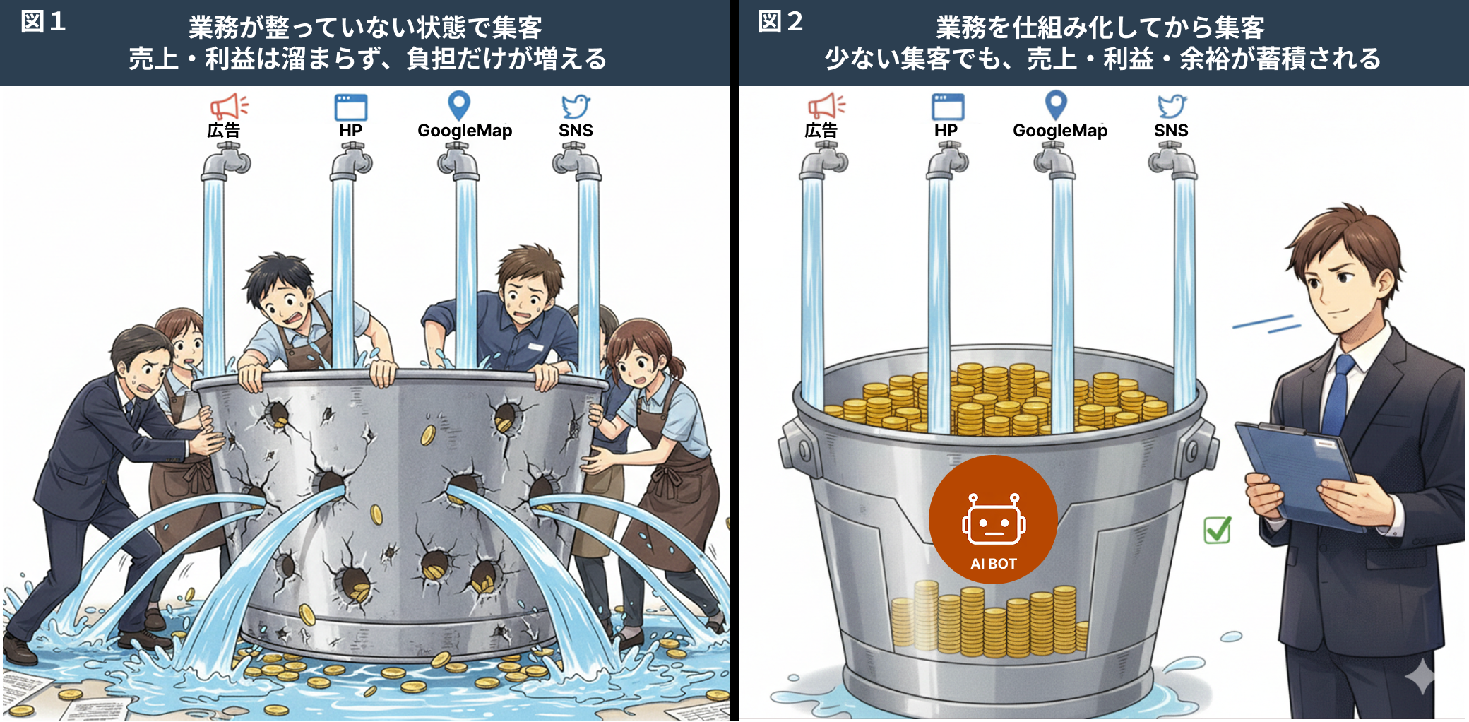 業務構造が整っていない状態での集客のリスクを示す図