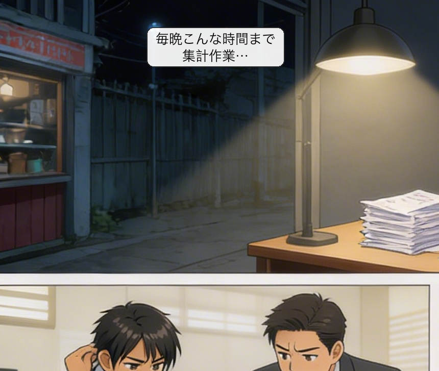 日次売上レポートの仕組みを解説する漫画 コマ1