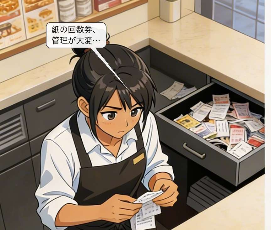 回数券デジタル管理の仕組みを解説する漫画 コマ1