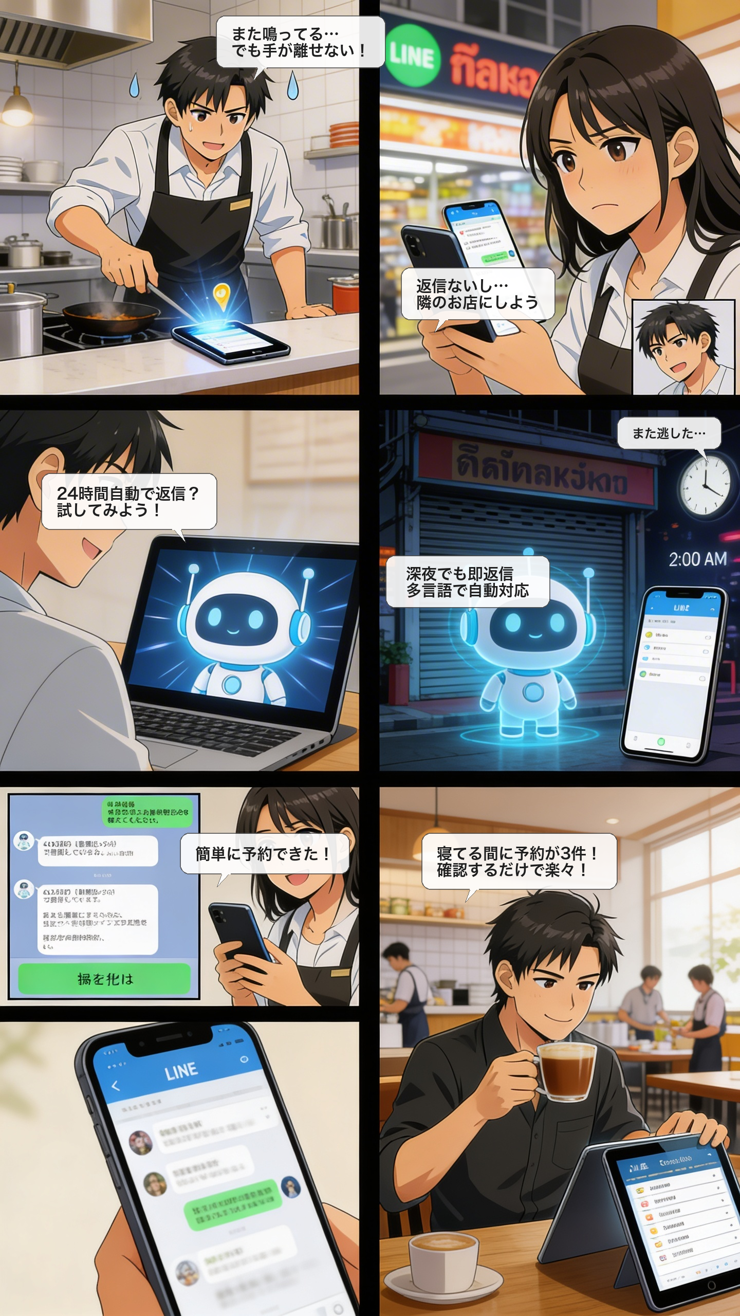 LINE予約自動化の流れ - AI店長が24時間多言語で自動返信・予約対応する漫画