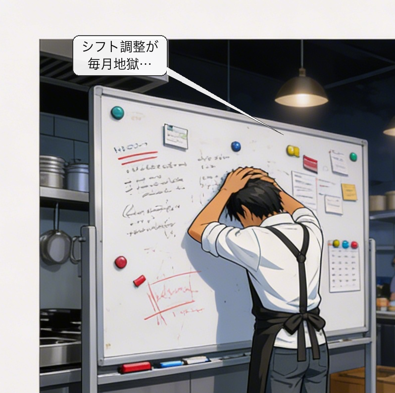 スタッフシフト自動管理の仕組みを解説する漫画 コマ1