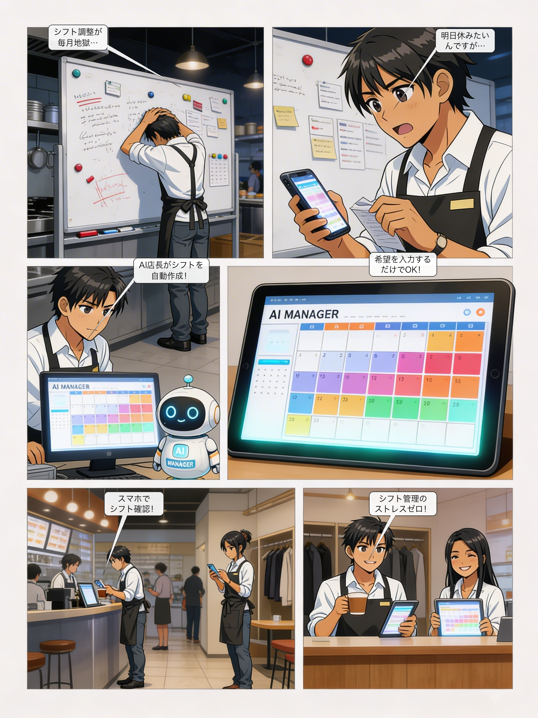 スタッフシフト自動管理の仕組みを解説する漫画